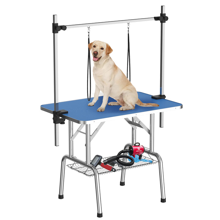 36 Inch Foldable Dog Grooming Table for Home with Adjustable Arm, Noose, Non-Slip Surface, and Storage Mesh Tray