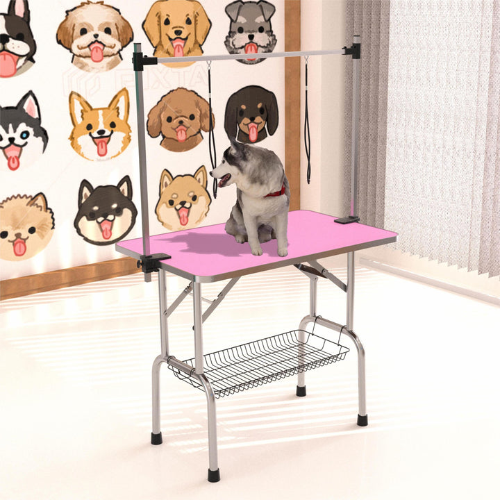 42' Folding Dog Pet Grooming Table Stainless Steel Frame Rubber Mat on Board with Adjustable Arm and Clamps pet dog Cat Grooming Table (PINK COLOR)