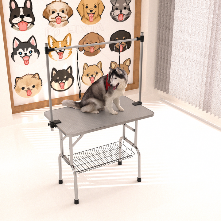 46' Folding Dog Pet Grooming Table Stainless Steel Frame Rubber Mat on Board with Adjustable Arm and Clamps pet dog Cat Grooming Table (SILVER-GRAY COLOR)