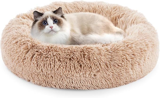 20 inch Donut Dog Bed, Calming Bed for Dogs, Brown Cat Bed Washable, Round Dog Donut Bed Washable, Plush Fur Dog Bed, Dog Cuddle Bed