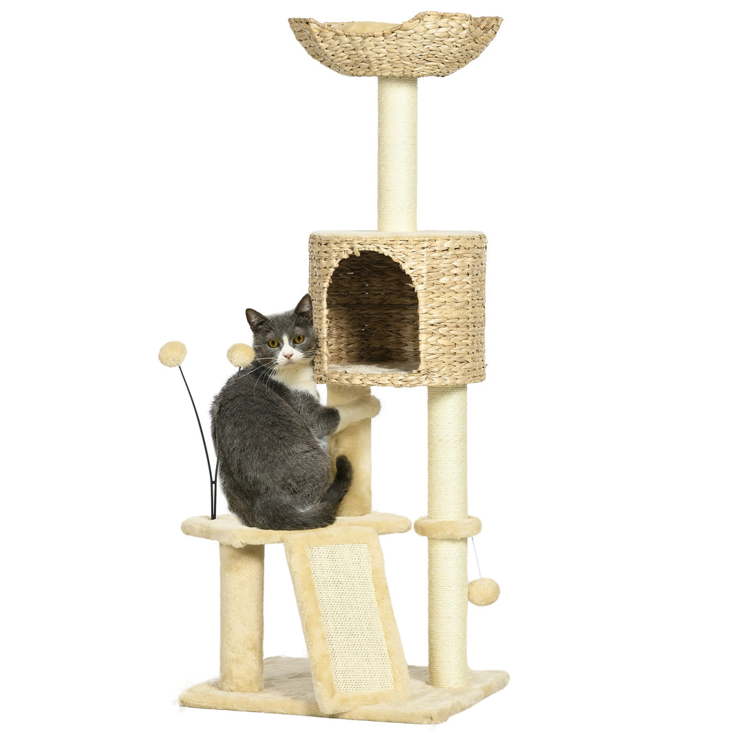 45' Cat Tree for Indoor Cats, Cat Tree Tower with Scratching Posts, Ramp, Condo, Toy Balls, Platforms, Bed, Ramp, Beige