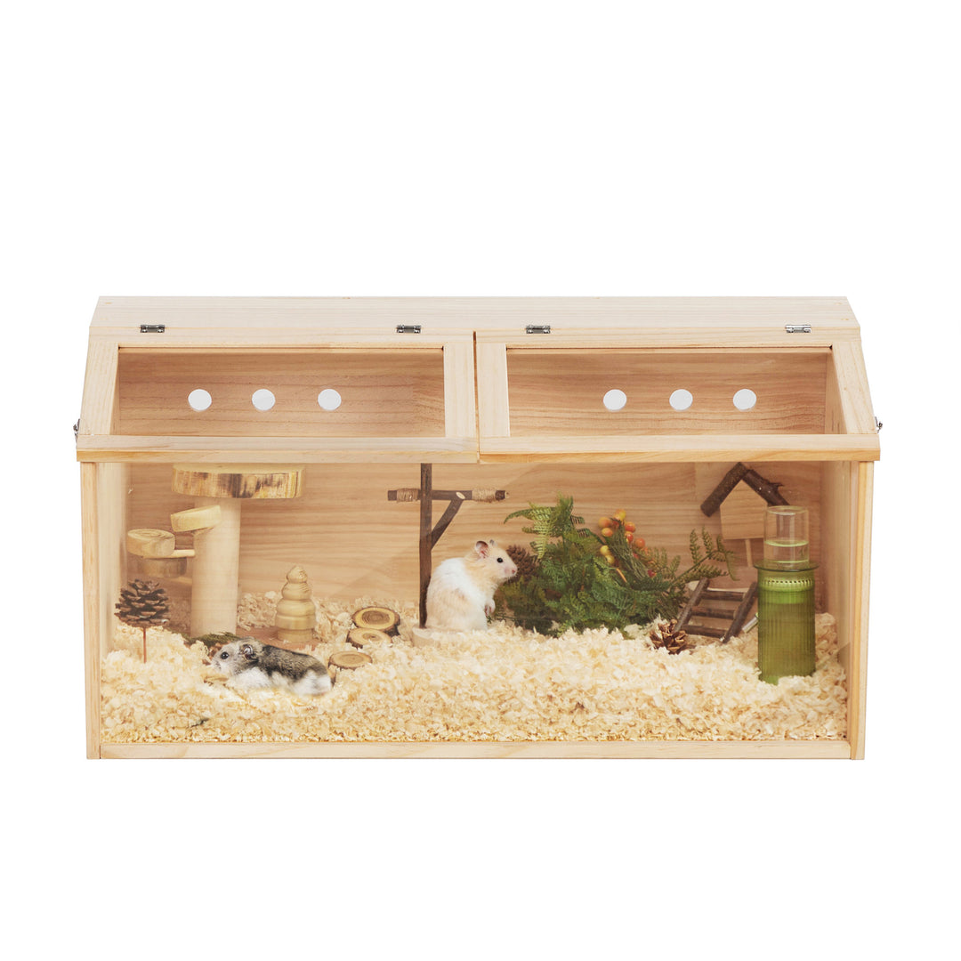 Middle Transparent Wooden Hamster Cage, Small Animal Habitat Hutch for Large Siberian Hamster,Gerbils,Little Rabbits, Natural