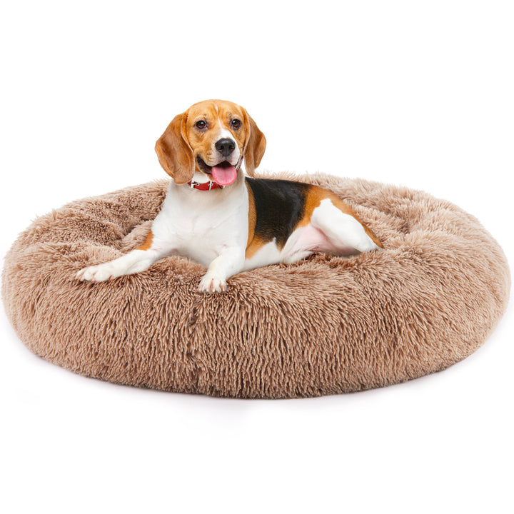 Anti-Slip Round Fluffy Plush Faux Fur Cat Bed, Small Brown