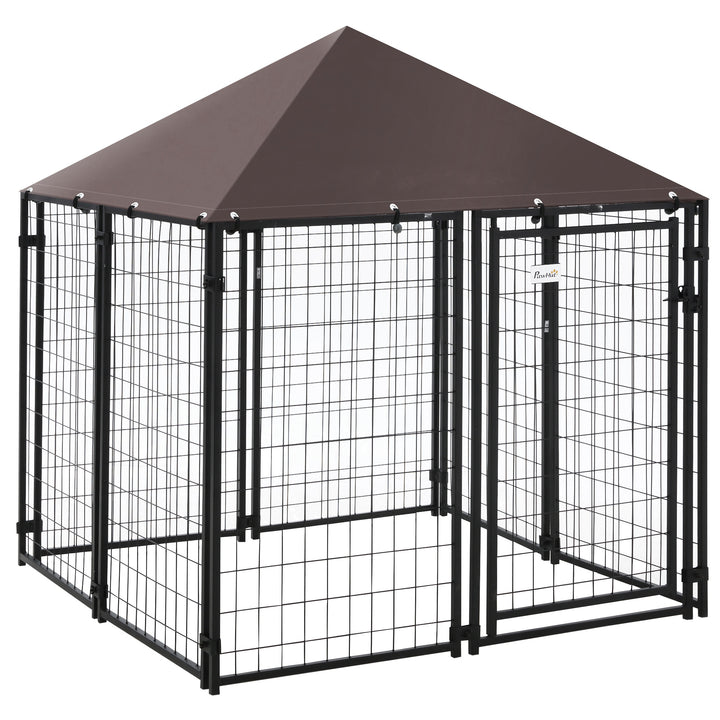 5' x 5' x 5' Dog Kennel Outdoor, Walk-in Pet Playpen, Welded Wire Steel Dog Fence with Water-and UV-Resistant Canopy, Jet Black