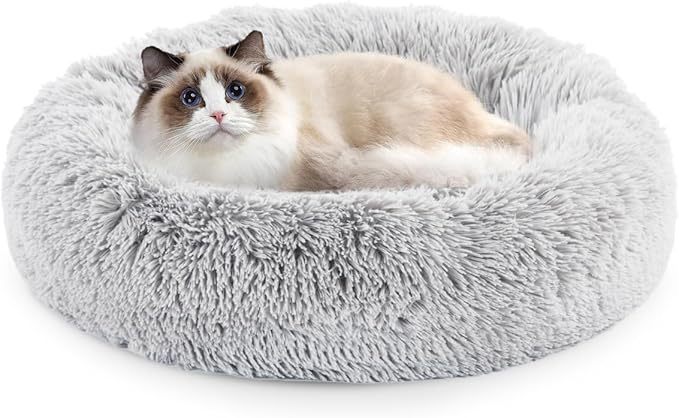 20 inch Donut Dog Bed, Calming Bed for Dogs, Grey Cat Bed Washable, Round Dog Donut Bed Washable, Plush Fur Dog Bed, Dog Cuddle Bed