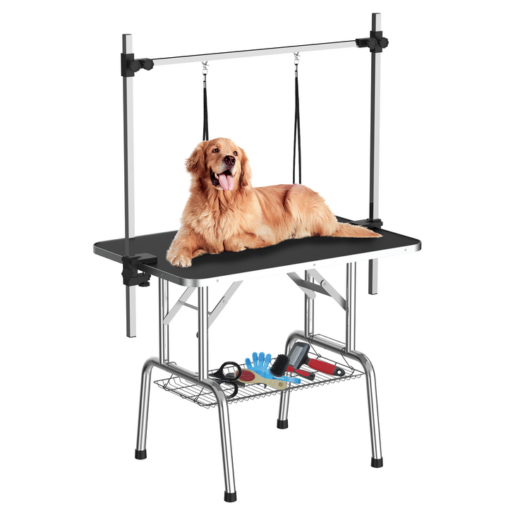 46 Inch Foldable Dog Grooming Table for Home with Adjustable Arm, Noose, Non-Slip Surface, and Storage Mesh Tray