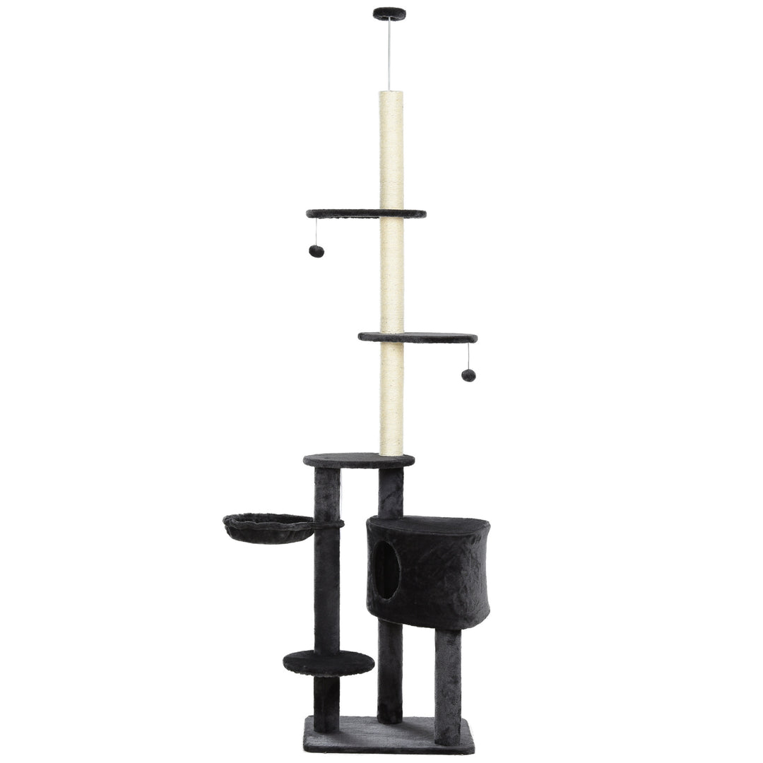 Adjustable Height Floor-To-Ceiling Vertical Cat Tree with Carpet Platforms, Condo & Rope Scratching Areas, Dark Grey