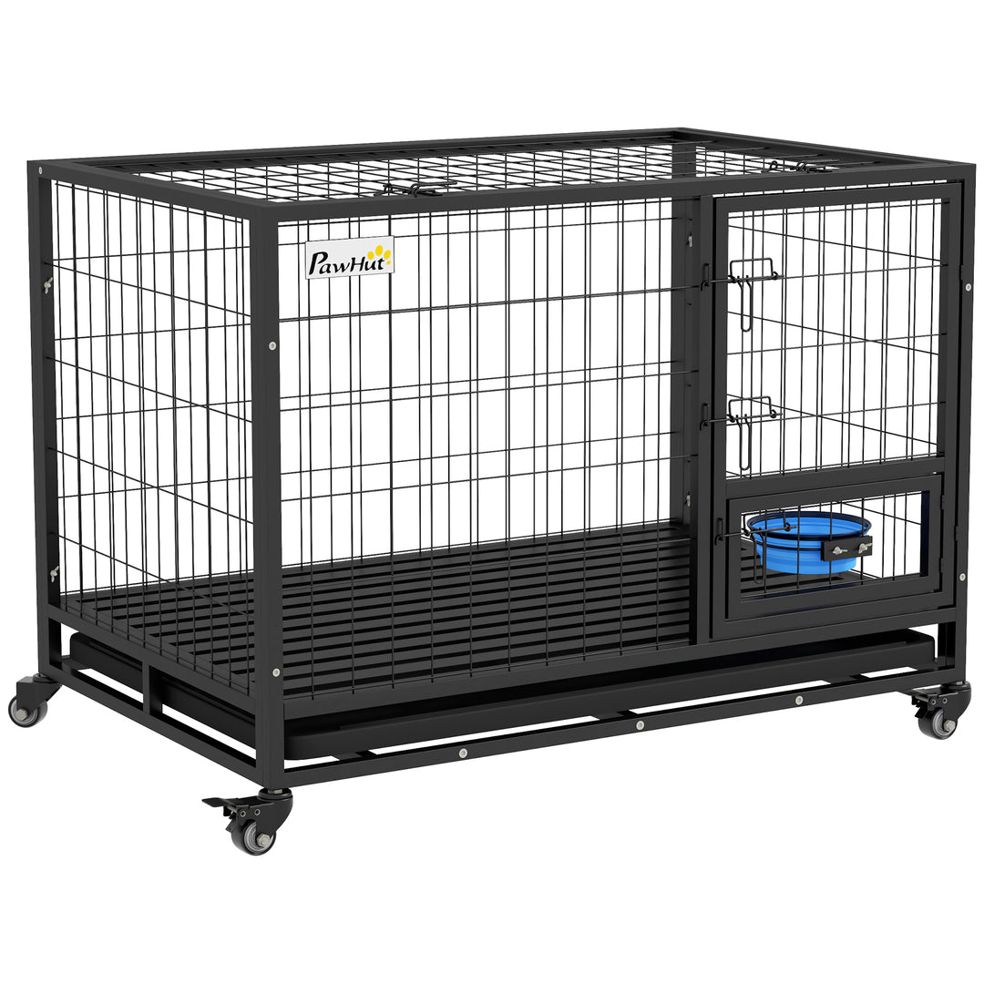 43' Heavy Duty Dog Crate with Bowl Holder, Strong Steel Dog Crate with Wheels, Detachable Door, Openable Top and Removable Tray for Large and Extra Large Dogs, Black