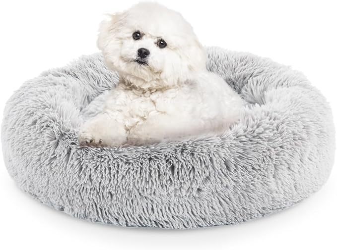 24 inch Donut Dog Bed, Calming Bed for Dogs, Grey Cat Bed Washable, Round Dog Donut Bed Washable, Plush Fur Dog Bed, Dog Cuddle Bed