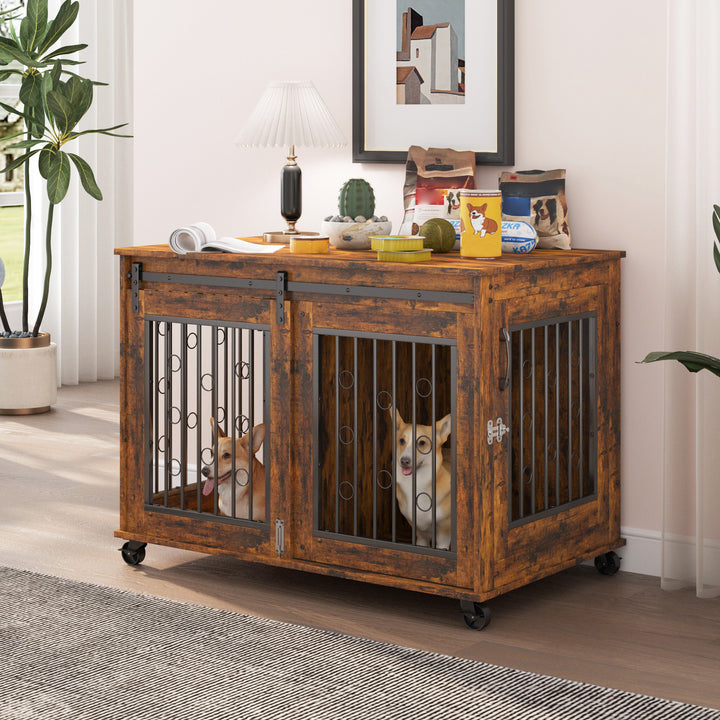 Sliding Door Dog Cage with Partition for Two Puppies, Rustic Brown, 39.37'' W x 25.20'' D x 28.94'' H