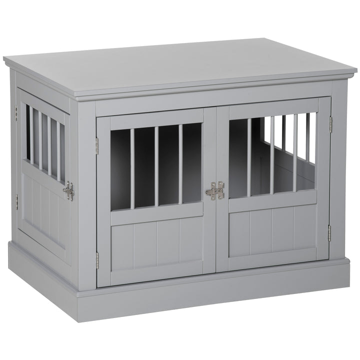 Dog Crate End Table with Triple Doors, Wooden Dog Crate Furniture Indoor Use, Puppy Crate with and Steel Tubes, for Small Dogs, Pewter Gray