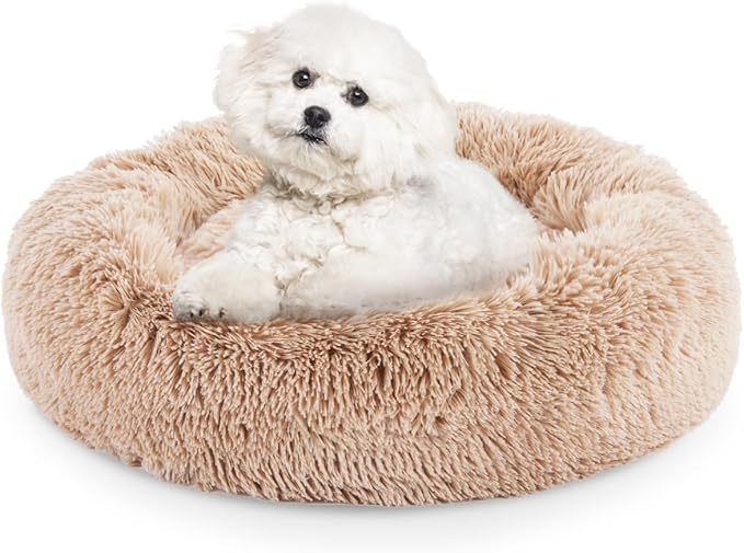 24'' Dog Bed - Round Donut Washable Dog and Cat Bed in Shag Fur, Calming Dog Beds, Brown