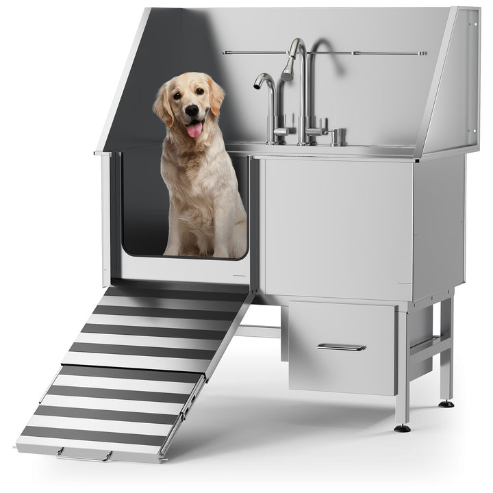 Professional Stainless Steel Dog Bathing Station - Dog Grooming Tub w/Ramp, Storage Drawer, Floor Grate & Faucet/Dog Bathtub for Large,Medium & Small Pets - Dog Washing Station for Home (50')