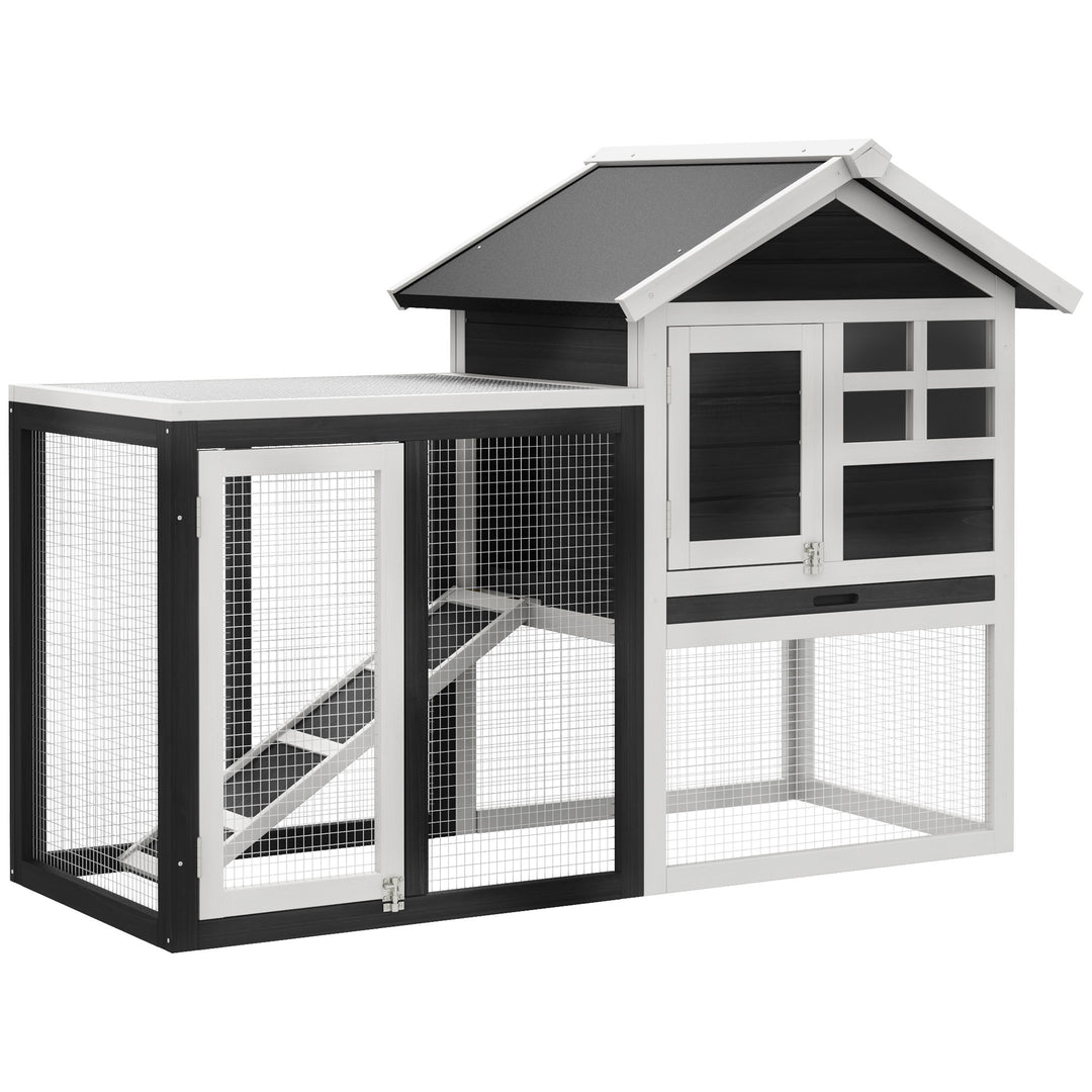 48' Wooden Rabbit Hutch Bunny Cage with Waterproof Asphalt Roof, Fun Outdoor Run, Removable Tray and Ramp, Grey