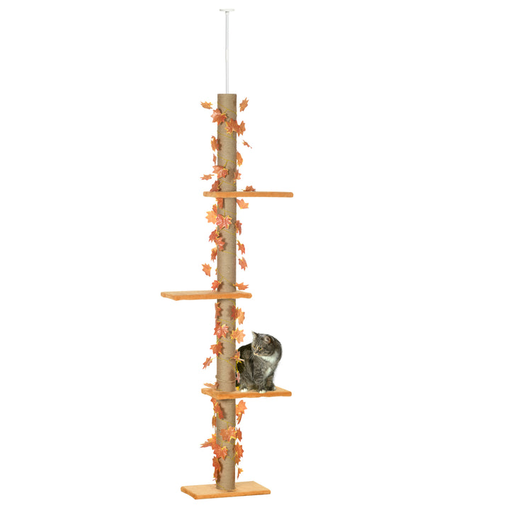 Floor to Ceiling Cat Tree, 80' - 95' Adjustable Tall Cat Tower, 3-Level Cat Climbing Towe  for Indoor Cats with Sisal Scratching Post, Platforms, Leaves, Orange