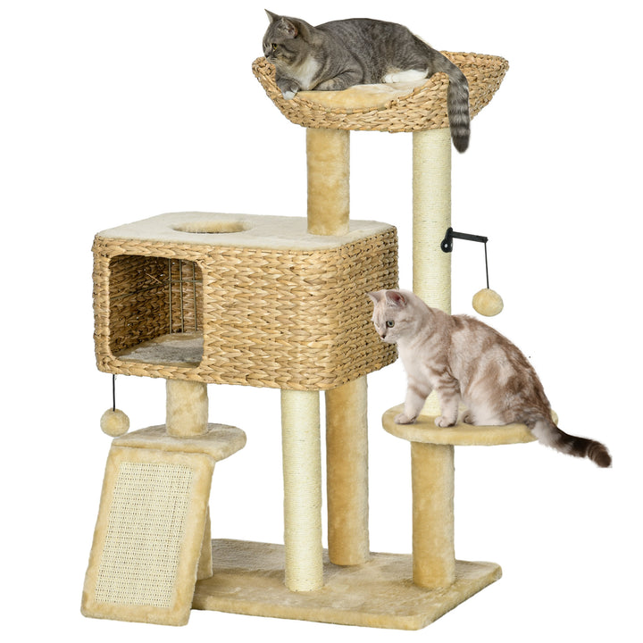 38' Cat Tree for Indoor Cats, Cat Tower with Scratching Posts, Ramp, Condo, Toy Balls, Platform, Bed, Ramp, Beige