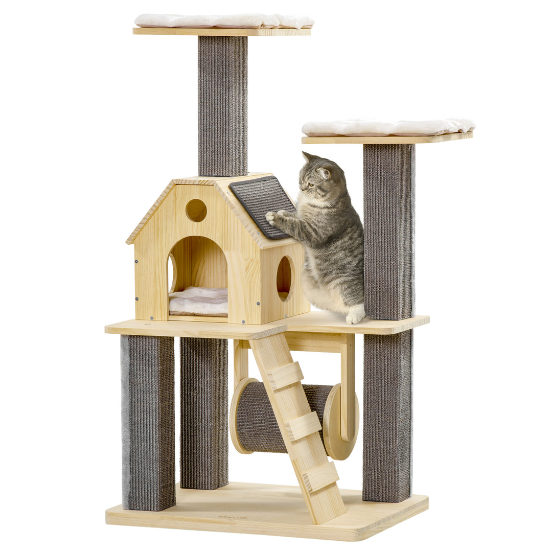 Cozy-House Cat Tree for Indoor Cats with Pillow-Covered Perches, Spinning Toy, Modern Climbing Activity Cat Tower with Scratching Posts, Cat Condo, Ladder, Natural