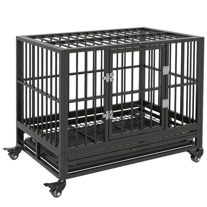 36' Heavy Duty Dog Crate Metal Cage Kennel with Lockable Wheels, Double Door and Removable Tray, Gray