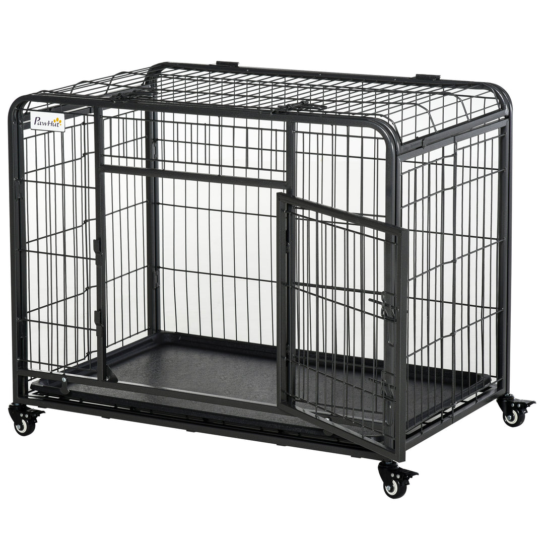 Folding Design Heavy Duty Metal Dog Cage Crate & Kennel with Removable Tray and Cover, & 4 Locking Wheels, Indoor/Outdoor 37'