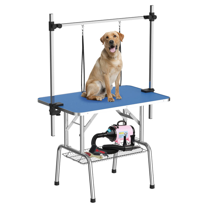 42 Inch Foldable Dog Grooming Table for Home with Adjustable Arm, Noose, Non-Slip Surface, and Storage Mesh Tray