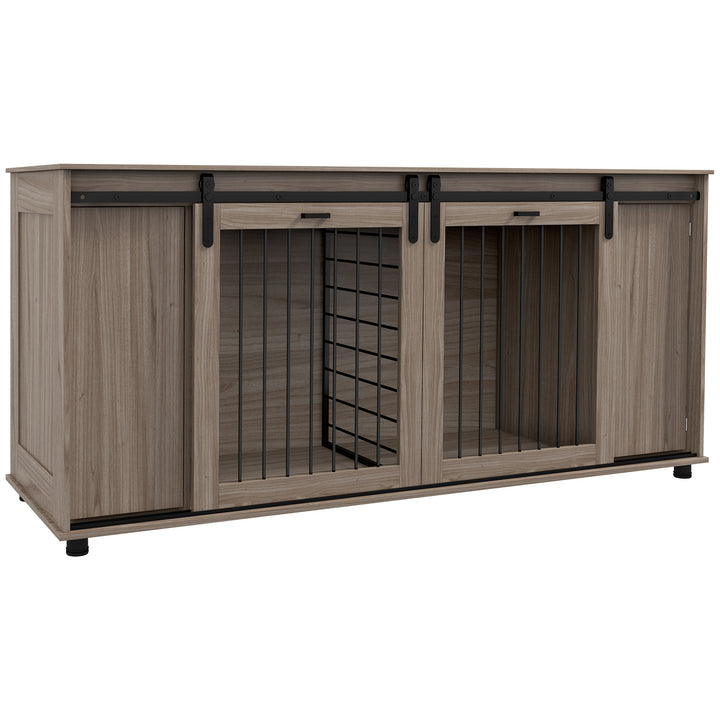 Dog Crate Furniture with Removable Divider for 2 Small Dogs or 1 Large Dog, 71' Modern Dog Kennel Furniture End Table with Storage, Double Doors, Walnut