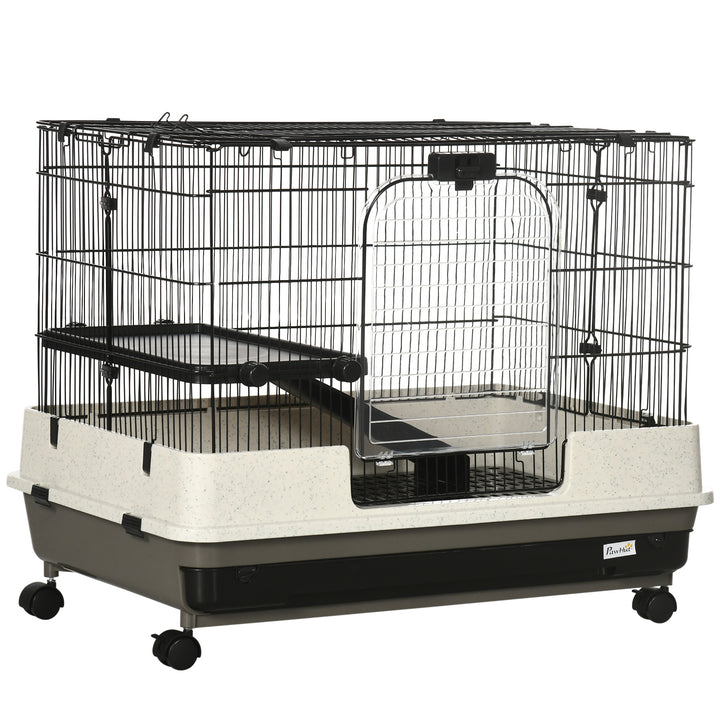 26' Small Animal Cage with Wheels, 2-Level Portable Bunny Cage, Chinchilla Ferret Cage with Removable Tray, Platform and Ramp